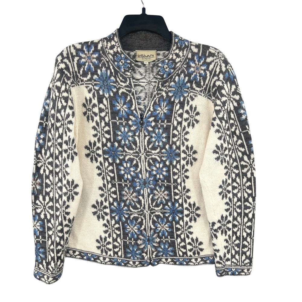 Intiwara Alpaca Nordic Cardigan Size M Blue Cream Hand Knit Full Zip Bolivia